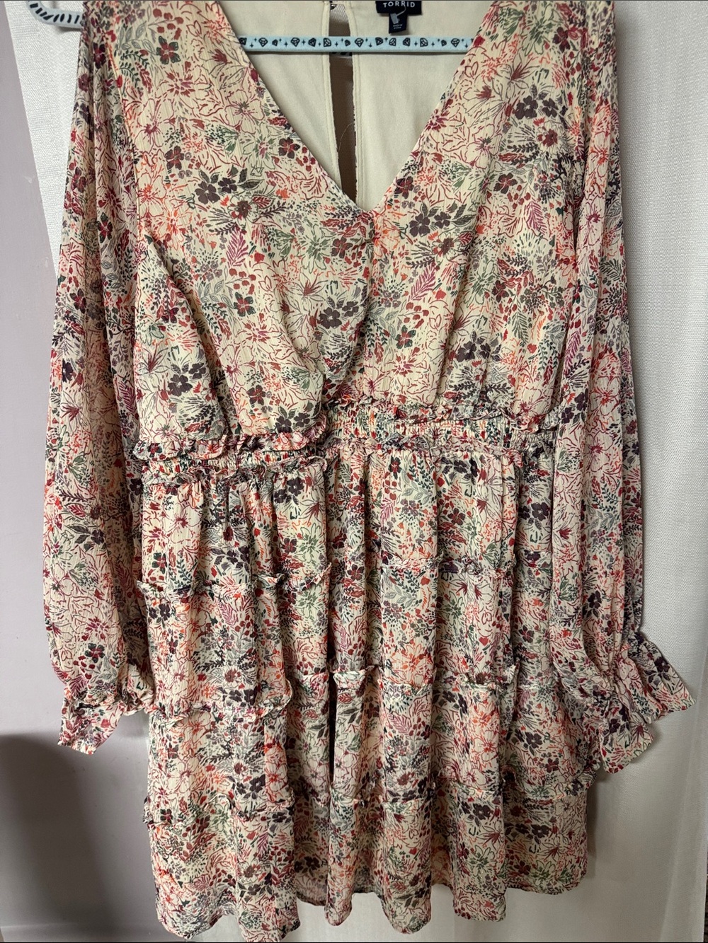 torrid cream floral V-neck smocked waist tiered tunic